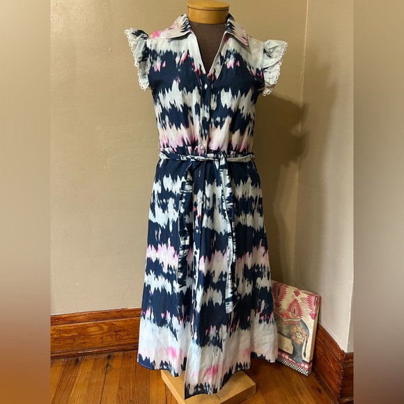 KOKO + MASON Women’s Short Sleeve Paisley Tie Dye Midi Belted Dress Sz L - Picture 2 of 11